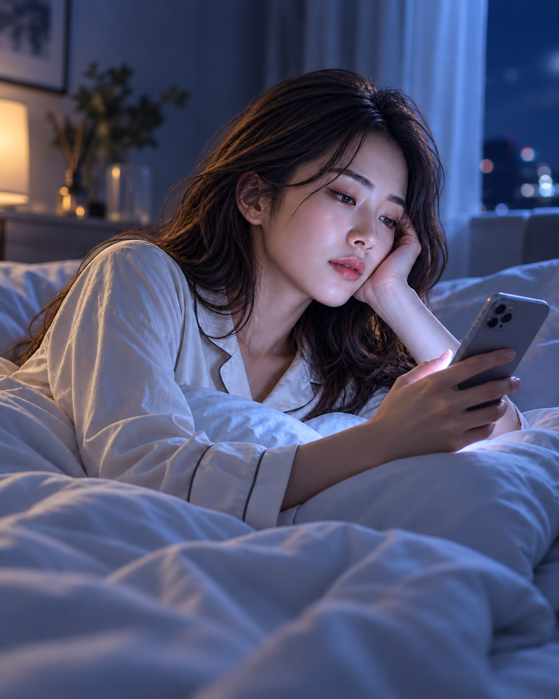 ベッドでスマートフォンを見つめる女性